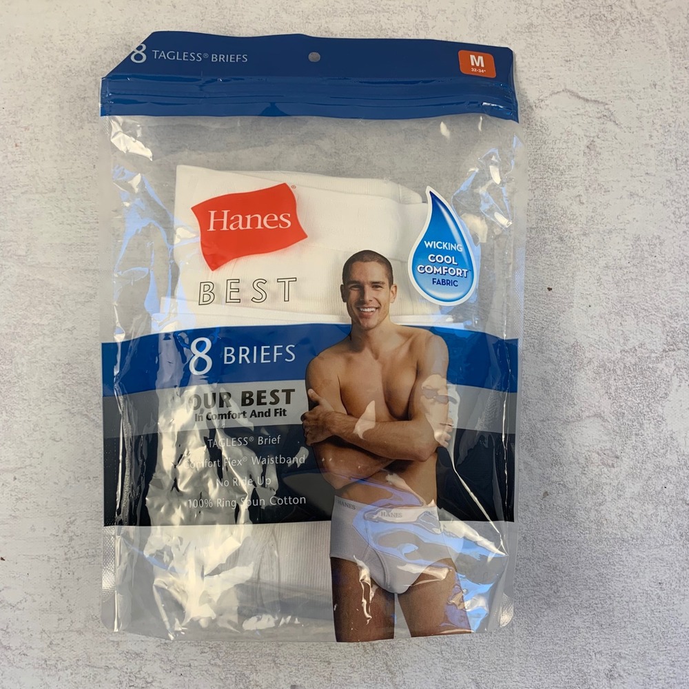 Hanes Mens Size M 8-Pack Tagless Briefs White 100% Cotton Comfort Flex Waistband